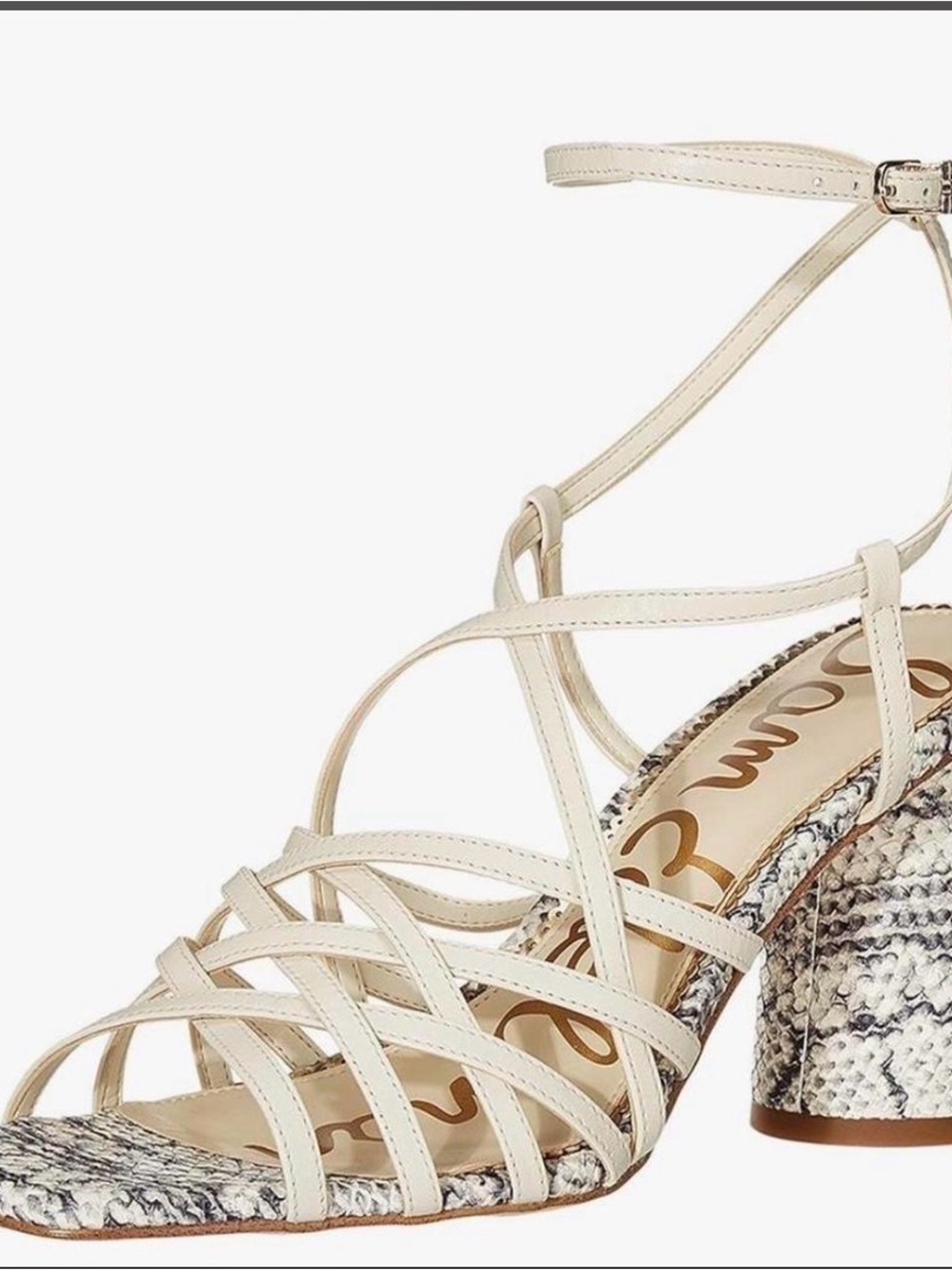 Sam Edelman Cream Strappy Sandal with Snake-Print Block Heel